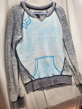 Y2K Fox Racing Sweater Womens M Acid Wash Faded Distressed Moto Rider Blue Gray